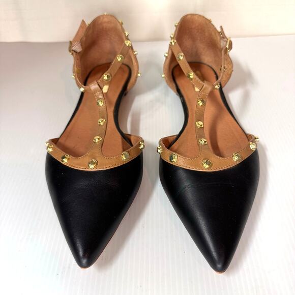 HALOGEN Olson Flats Women's 9.5 Studded T-Strap Black Gold Leather Edgy Workwear - Picture 4 of 10